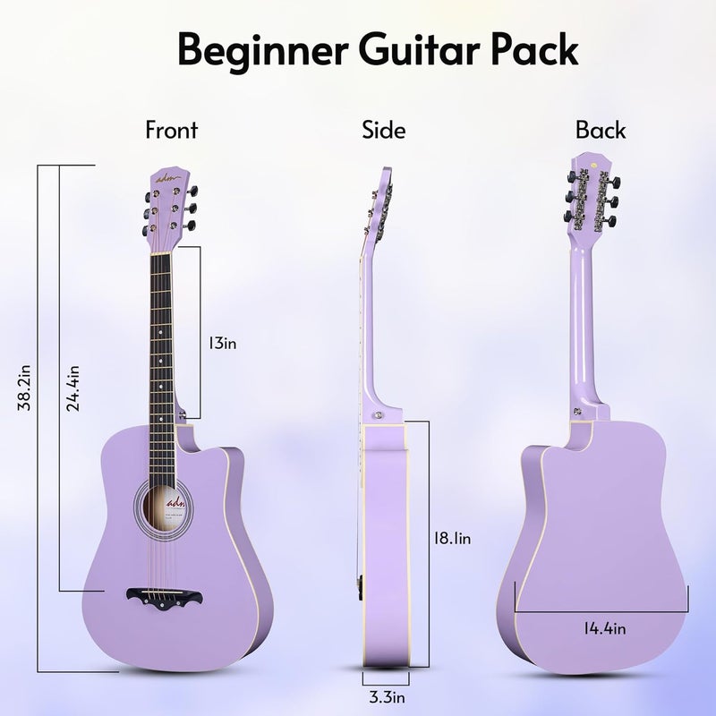 ADM 38" Inch Acoustic Guitar Bundle for Beginners Adults with Online Lesson, Cutaway Wood Acustica Guitarra Starter Set Package with Gig Bag, Strap, Steel Strings, Picks, Capos, Stand, Purple 1 - Image 2